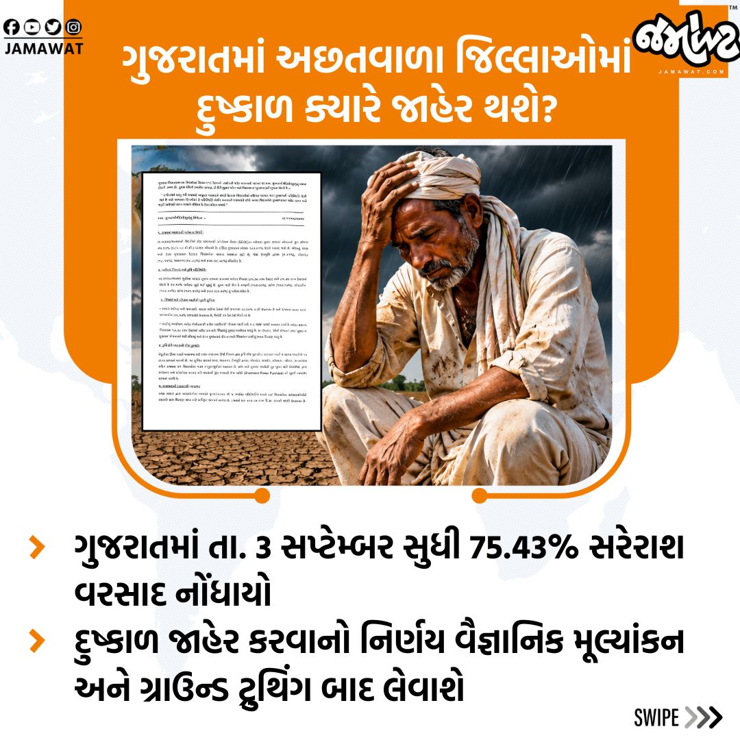 Jamawat3's tweet photo. ગુજરાતમાં દુષ્કાળ જાહેર કરવાનો નિર્ણય  નિર્ણય વૈજ્ઞાનિક મૂલ્યાંકન અને ગ્રાઉન્ડ ટ્રુથિંગ બાદ લેવાશે|Jamawat

#GujaratDrought #GujaratNews #DroughtUpdate #GujaratGovernment #Jamawat https://t.co/IAu1VZsjJs