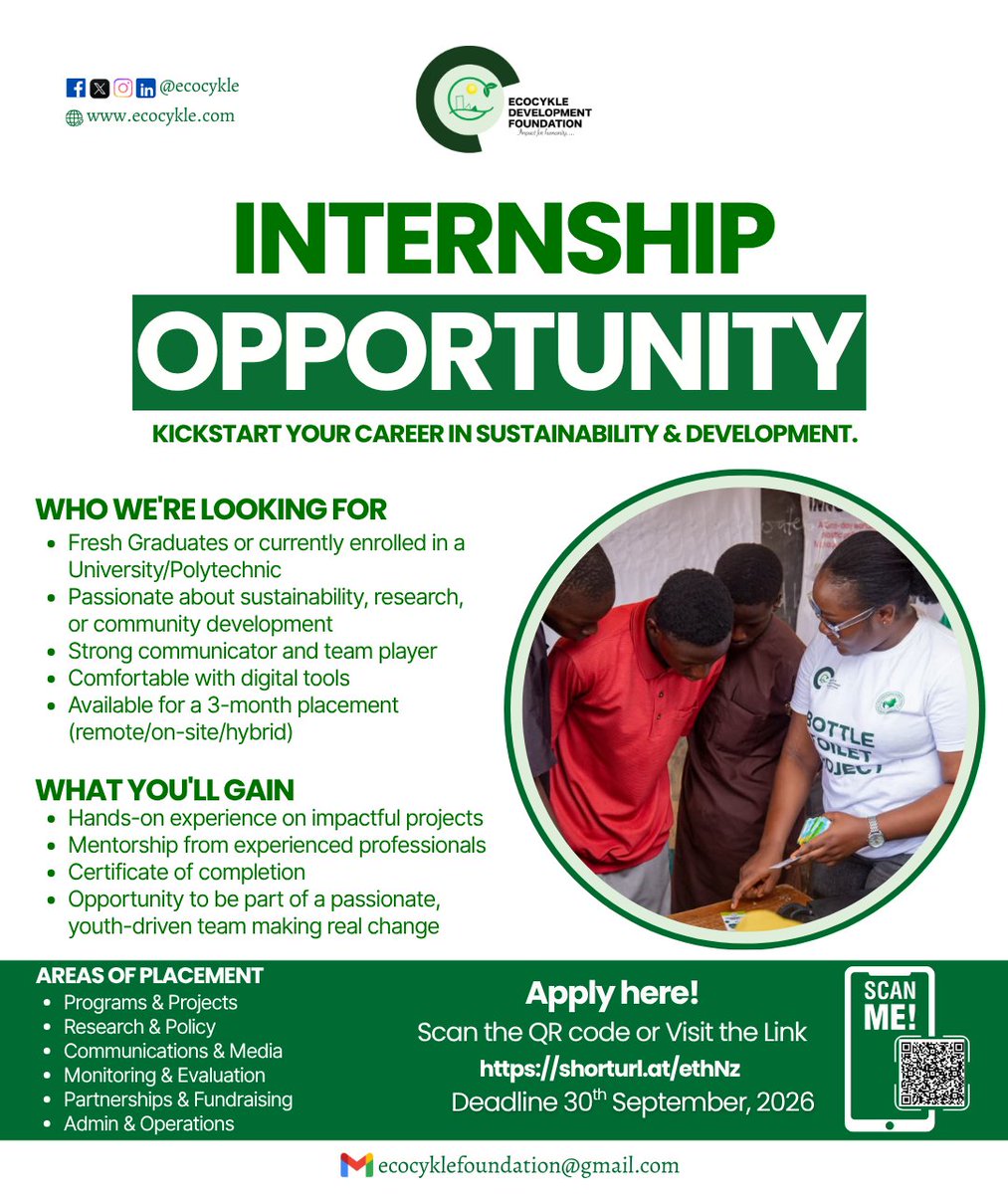 ecocykle's tweet photo. 📢 The Internship Opportunity is Still Open!

Looking to gain practical experience, build your skills, and grow professionally? 
This is your chance to join us and gain valuable experience.

 📌 Deadline: 30 September 2026
🔗 Apply here: https://t.co/MKPriy96q2

#EcocykleImpact https://t.co/lycBYeKiB7