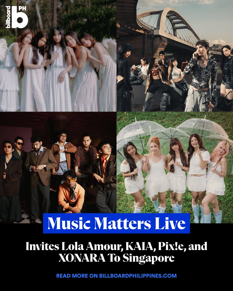 BBPHOfficial's tweet photo. Music Matters Live will feature Filipino acts Lola Amour (@lolaamourmusic), KAIA (@KAIAOfficialPH), Pix!e (@pixieofficialph), and XONARA (@officialxonara) in Singapore this October for its upcoming showcase.

Read more here:
https://t.co/LbzANwEwZ9

#BillboardPhilippines #BillboardPH