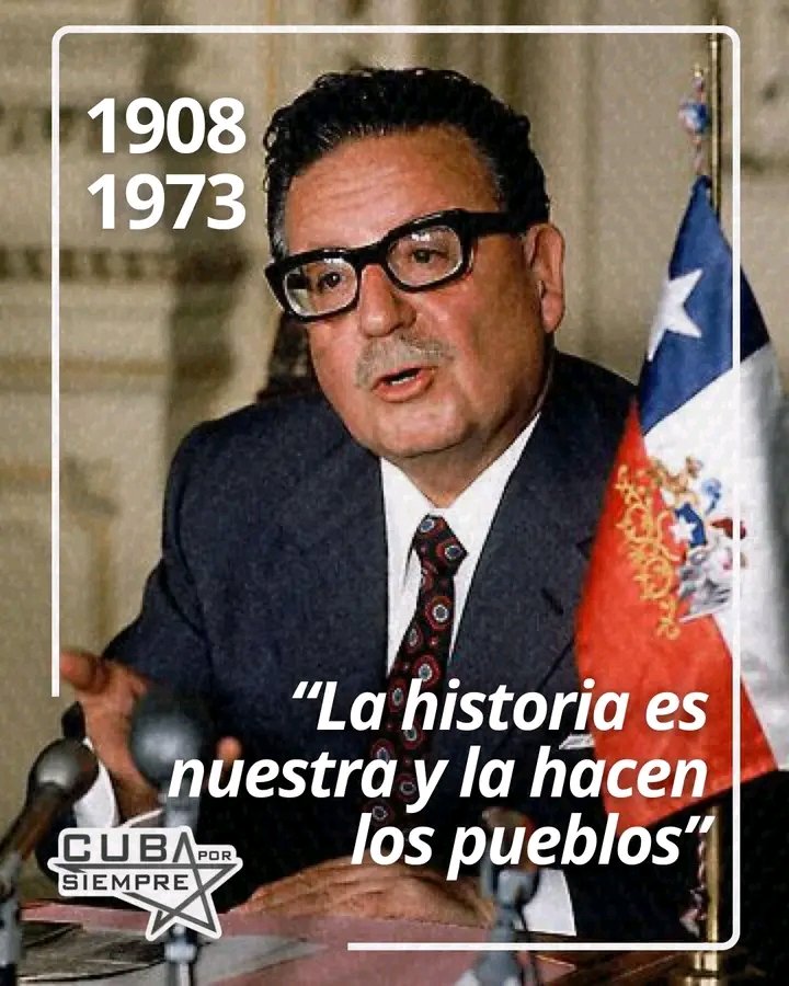 MTSS_CUBA's tweet photo. Allende fue elegido democráticamente  y marcó la historia con su proyecto de socialismo democrático. Su muerte, ocurrida el 11 de septiembre de 1973 en La Moneda, fue un acto heroico de resistencia frente a la dictadura que le arrebató el poder y desató una brutal represión. https://t.co/vbDGVmTn2r