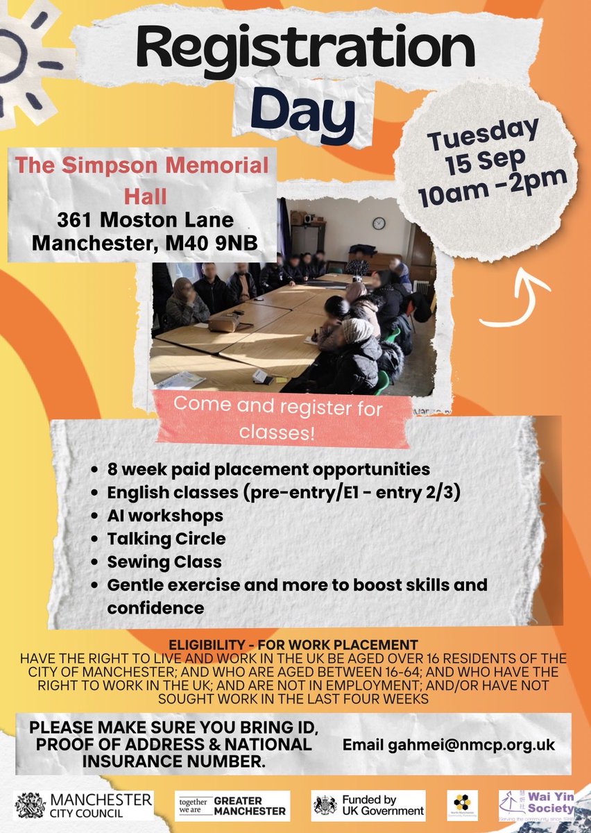 nmcp2017's tweet photo. Registration Day

Drop by on Tues 15 Sep, 10am–2pm @ Simpson Memorial Hall, to find out more &amp; register for upcoming classes &amp; opportunities.

• English classes
• AI workshops
• Talking Circle
• Sewing
• 8-wk paid placements
• Gentle exercise &amp; more! https://t.co/eaXHOZUTqF