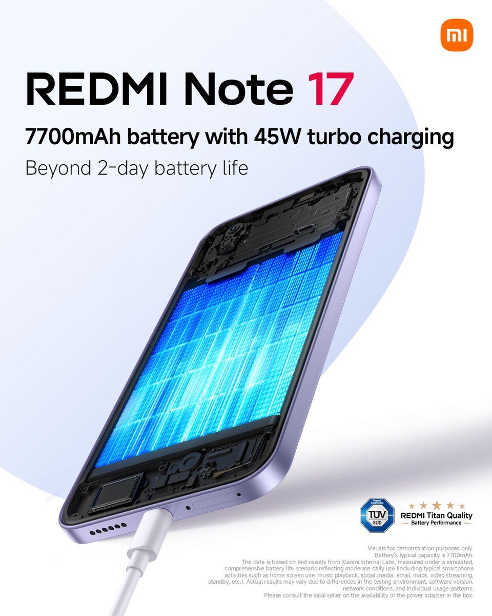 Xiaomi's tweet photo. Keep going. Stop looking for a charger.

More than two days of battery means more time doing your thing, and 45W turbo charging tops you up fast when you finally need it. https://t.co/oIINr0pZS2