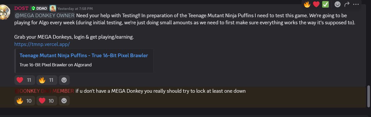 mat_alino's tweet photo. 53 days straight of Daily Rumbles and Daily Prizes ?? This fam does NOT quit. 🔥 And if that's not enough, Teenage Mutant Ninja Puffins just dropped for testing, MEGA Donkeys earning real Algo while you play. If you don't have one locked down yet, what are you waiting for, $DDAO https://t.co/lVyaELZdwb