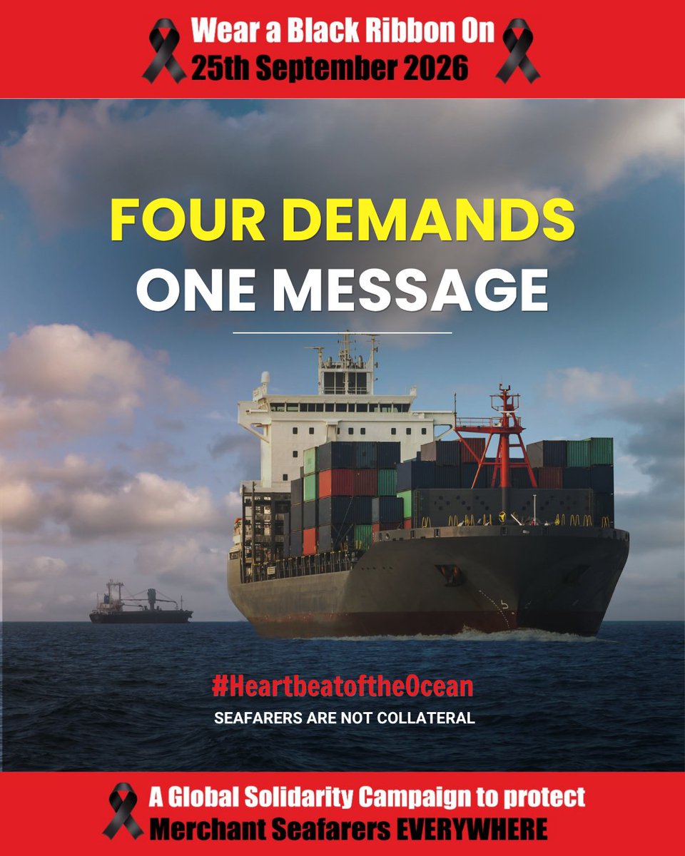 FSUIINDIA's tweet photo. Seafarers are the Heartbeat of the Ocean “Stop Killing Them.”

Honor the Fallen. Protect the Living. 
Join the global solidarity campaign. 
Wear a black ribbon on 25th September 2026. 
Stand with seafarers.

#HeartbeatOfTheOcean

@dgshipping_IN @shipmin_india @imohq  @ITFAPAC https://t.co/xk9ZkR85rR