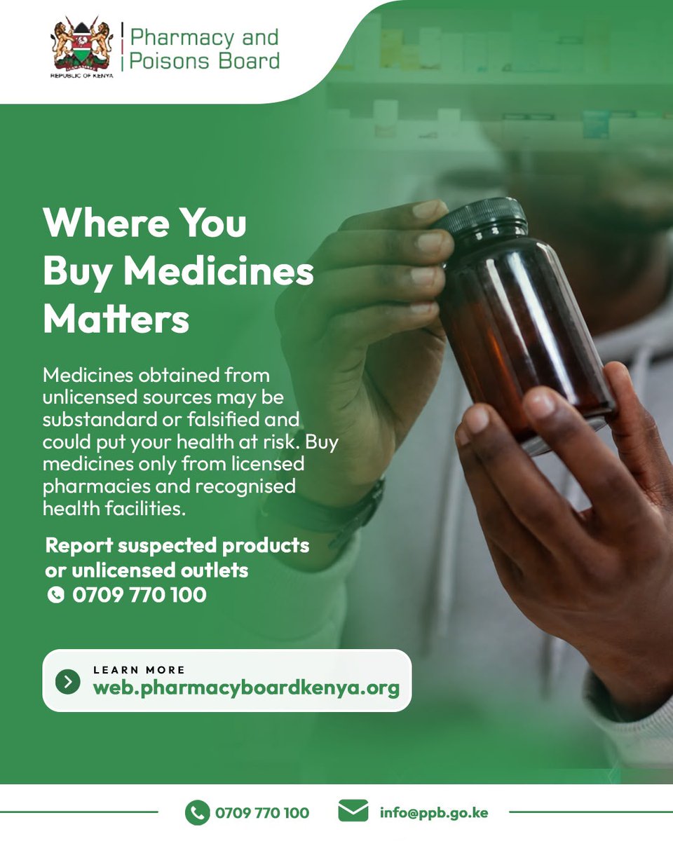 ppbkenya's tweet photo. Your safety begins at the pharmacy counter. Always confirm that the pharmacy is licensed before purchasing medicines, and report suspicious products or unlicensed outlets through 0709 770 100.

#GPP #PharmacyPractice #PublicSafety https://t.co/2Da9CVosOm