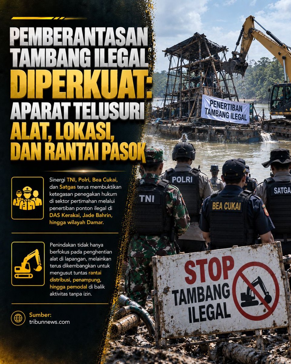 fypnewsid's tweet photo. Sinergi TNI, Polri, Bea Cukai, & Satgas perkuat penertiban tambang ilegal di DAS Kerakai, Jade Bahrin hingga Damar. Hukum ditegakkan dengan mengurai mata rantai, mulai dari alat, jalur distribusi, hingga pemodal. #BangkaBelitung #Timah #Bangka #Hukum #Lingkungan https://t.co/AXeydH382J