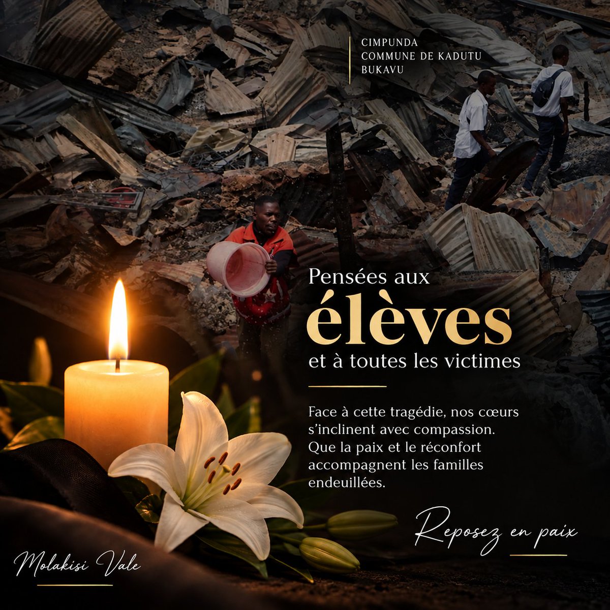 IngMolakisi's tweet photo. Face au drame survenu à Cimpunda, dans la commune de Kadutu à Bukavu, où plusieurs élèves ont tragiquement perdu la vie, j’adresse mes pensées les plus émues aux familles endeuillées, aux blessés, aux sinistrés ainsi qu’à toute la communauté éducative et à la population de Bukavu.

Au-delà de l’émotion et des condoléances, ce drame doit une nouvelle fois nous interpeller collectivement. Il est temps de nous pencher sérieusement sur la problématique des incendies dans nos villes, et particulièrement à Bukavu, où de tels sinistres se répètent presque chaque année avec des conséquences humaines et matérielles souvent dramatiques. 
@JoelKyana @Villes_rdc 

La prévention des incendies doit désormais être considérée comme une véritable question de sécurité urbaine et d’aménagement : accessibilité des quartiers aux véhicules de secours, respect des normes de construction, dispositifs d’évacuation, disponibilité des moyens anti-incendie, sensibilisation des populations et renforcement des services de protection civile.
@shabani_lukoo @ElieNkumbi29 

Nous ne pouvons plus attendre le prochain drame pour nous émouvoir à nouveau. Il faut tirer les leçons de ces catastrophes, prévenir, planifier et agir, afin d’éviter que d’autres familles ne soient encore confrontées à de telles tragédies.

Pensées aux victimes. Courage aux familles éprouvées.

@PrimatureRDC @Presidence_RDC 
Molakisi Vale