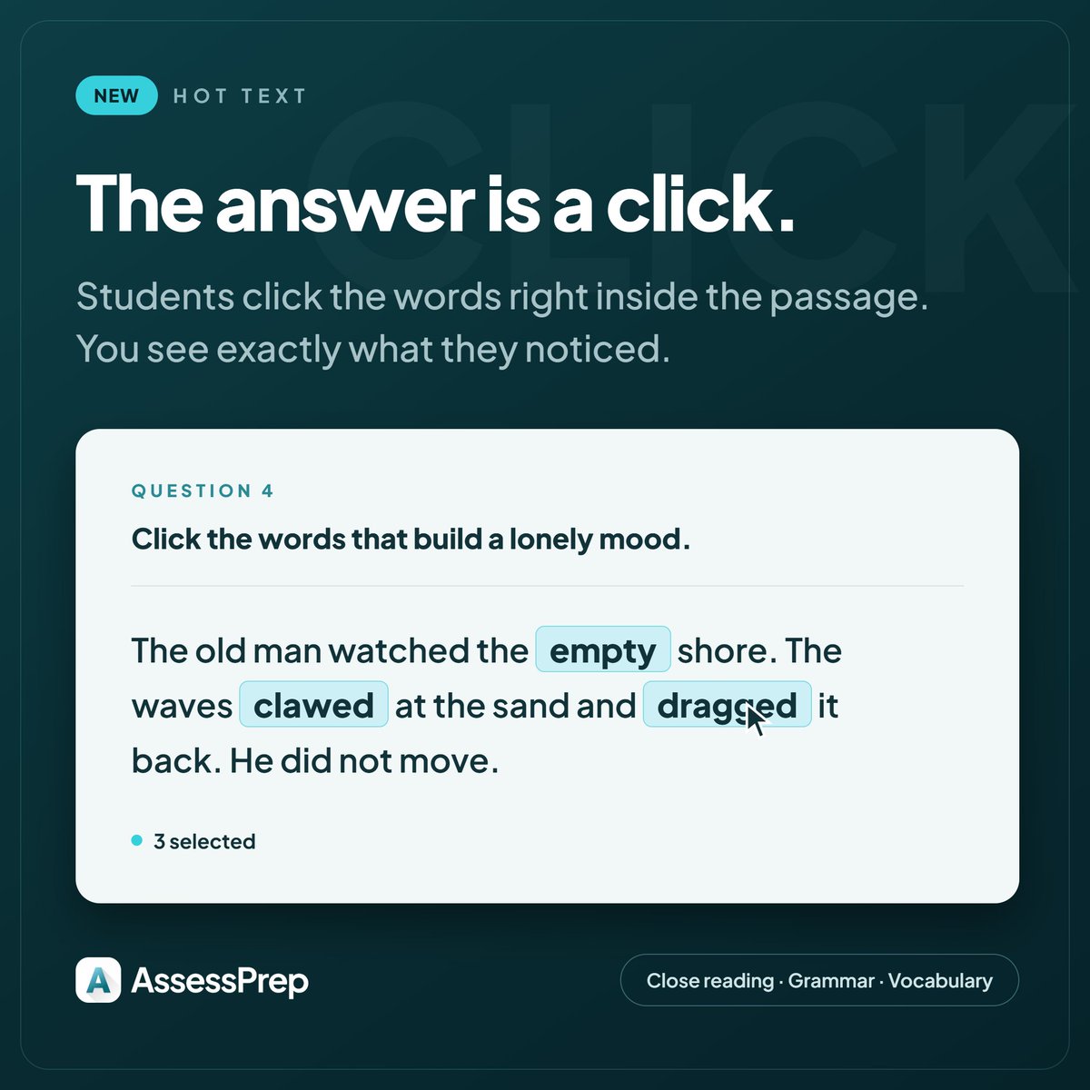 assessprep's tweet photo. Students click words or phrases inside a passage. That click is the answer.

You see what they noticed, not what they could explain.

Meet Hot Text. New in @assessprep , and made for close reading, grammar and vocabulary.

#edtech #teachers #IB #IGCSE #AP https://t.co/ph61VqaYca