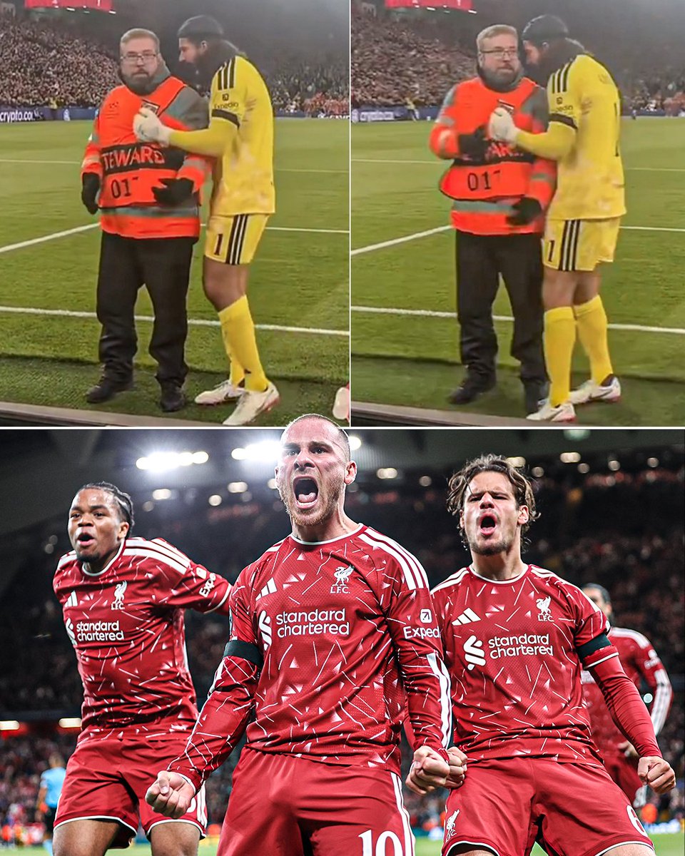 ESPNUK's tweet photo. Alisson celebrating with the Liverpool steward after Alexis Mac Allister's goal in the UCL 😂❤️ https://t.co/hfutYFrRcR
