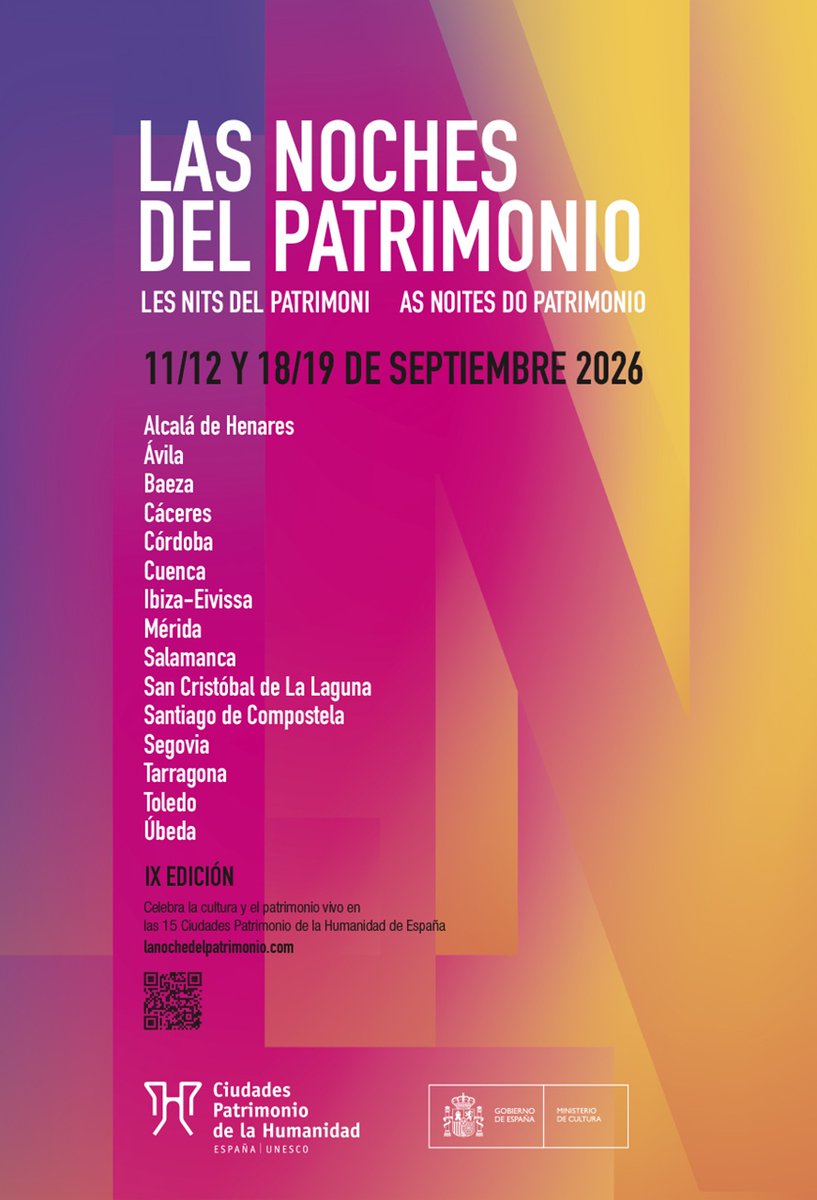 AHTurismo's tweet photo. ¡ES HOY, ES HOY! 📣 ¡Hoy comienzan las #NochesDelPatrimonio en #Alcalá! 🌙

Este VIERNES 11 y SÁBADO 12 de septiembre, nuestra Ciudad Patrimonio de la Humanidad se prepara para vivir 2️⃣ jornadas 🔝

Una programación llena de planes para redescubrir Alcalá ⬇️ https://t.co/Haqzux5nw6