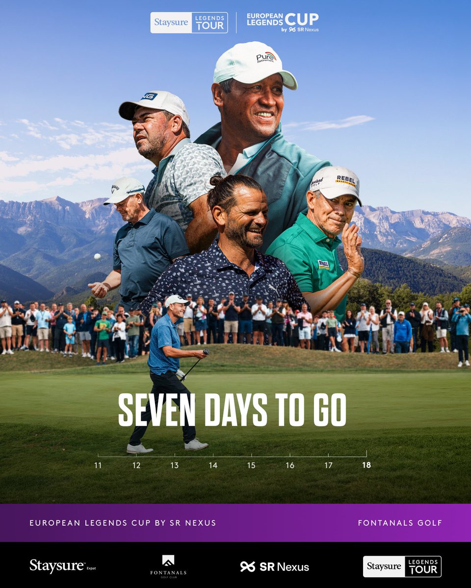 euLegendsTour's tweet photo. Seven days to go ⏳
 
Our legends are set to tee it up at the European Legends Cup by SR Nexus.
 
Register for FREE tickets via the link in the bio 🔗
 
#StaysureLegendsTour #EuropeanLegendsCup https://t.co/f5q8xkKX6o
