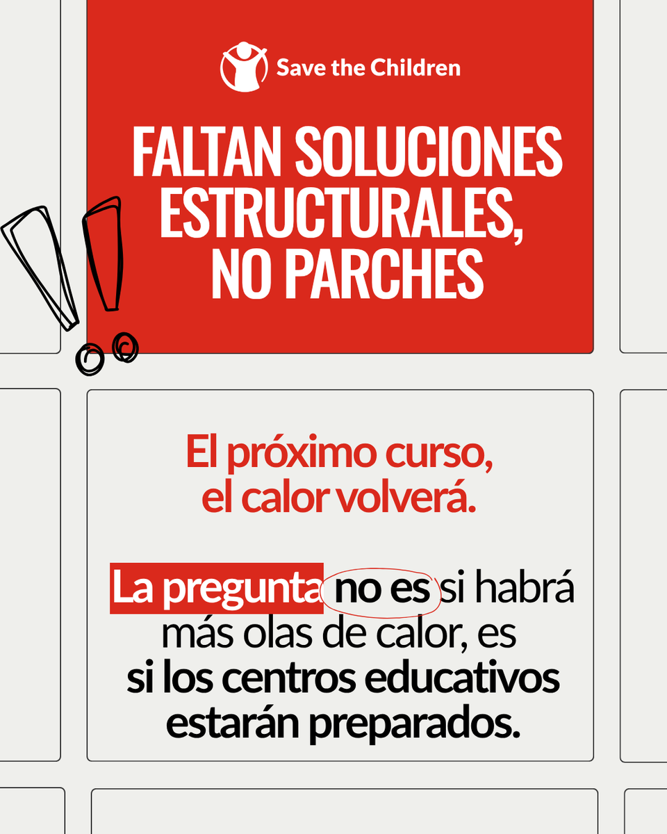 SaveChildrenEs's tweet photo. Además, el calor no afecta a todos por igual: el alumnado con menos recursos suele estudiar en los centros con peores infraestructuras.

La normativa dice que las aulas deben estar entre 17-27°C. La realidad, muchas veces, es otra.

🔗https://t.co/MoIqJkdtJ1 https://t.co/OZxOjlwBiz