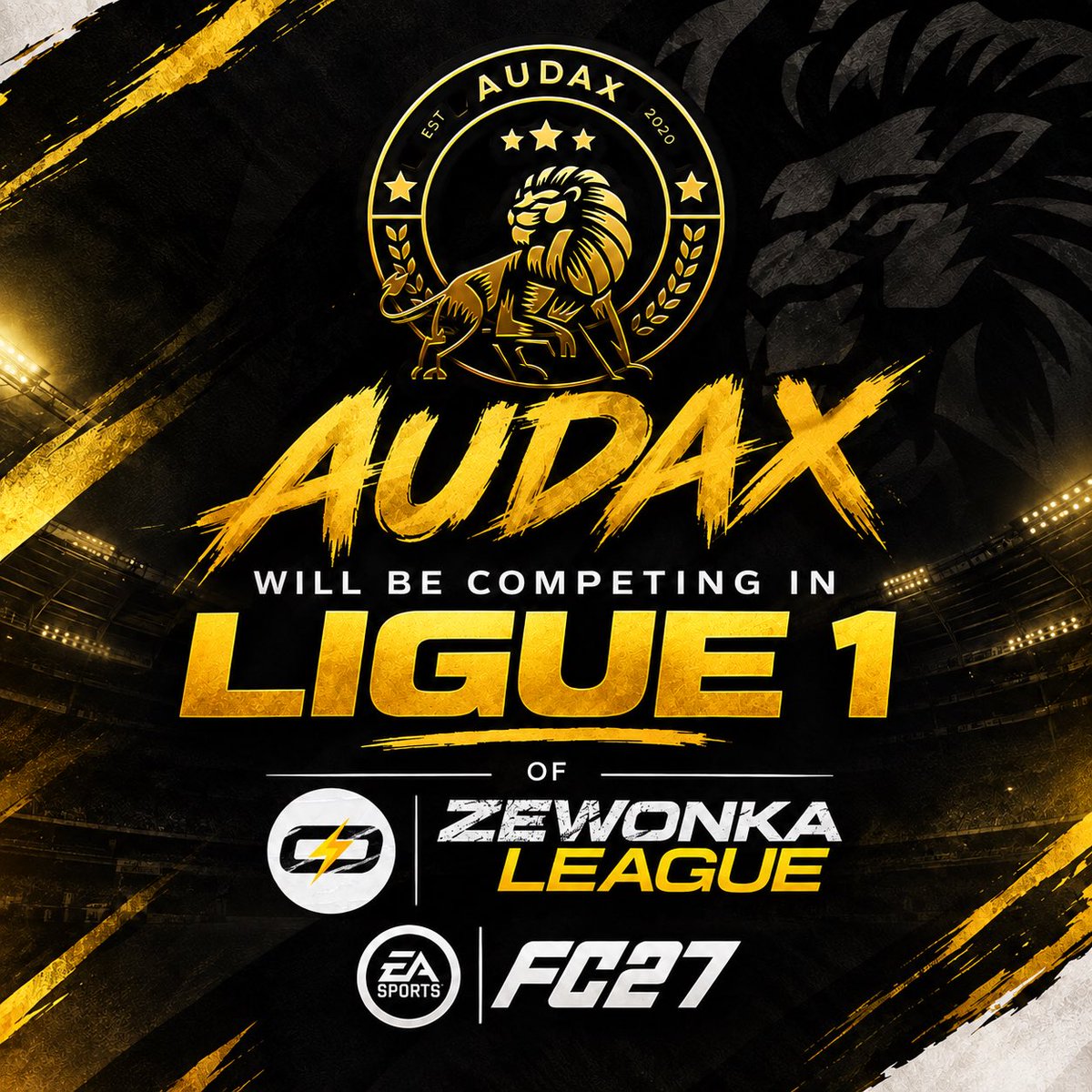 AudaxEAFC's tweet photo. We’re proud to announce that Audax Esports will be competing in Ligue 1 of the Zewonka League for FC 27! 🦁💙💛Very excited about their huge project! Incredibly happy to be part of it from the very start. Huge thanks to the Admin Team for their efforts. #Audax @ZewonkaLeague https://t.co/5PigZXcmGn