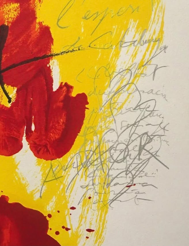 calagneta's tweet photo. Bona Diada! A #CaLagneta ho celebrem amb aquest Tàpies, una litografia original de la sèrie "Als mestres de Catalunya" signada a llapis el 1974 que podreu gaudir a la nostra Galeria d'Art.

"Maridatges"
del 15 d’agost al 10 d’octubre de 2026

#Lleida #Cervera #ArtContemporani https://t.co/wfWCmj0XYK