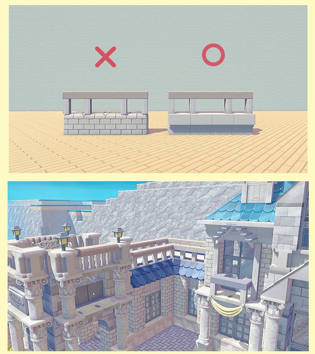 pia_22a's tweet photo. かど柱で柵や橋を作る時のコツ紹介👀

かど柱をブロックの端に置くと少しはみ出してしまいますが、でっぱり壁の上に置けばより柵らしく見えます✨️　
下のように屋根ブロックを被せてもオシャレな柵になるのでオススメ♪
#ぽこポケ  #ぽこあポケモン https://t.co/RZgJF7JQxl