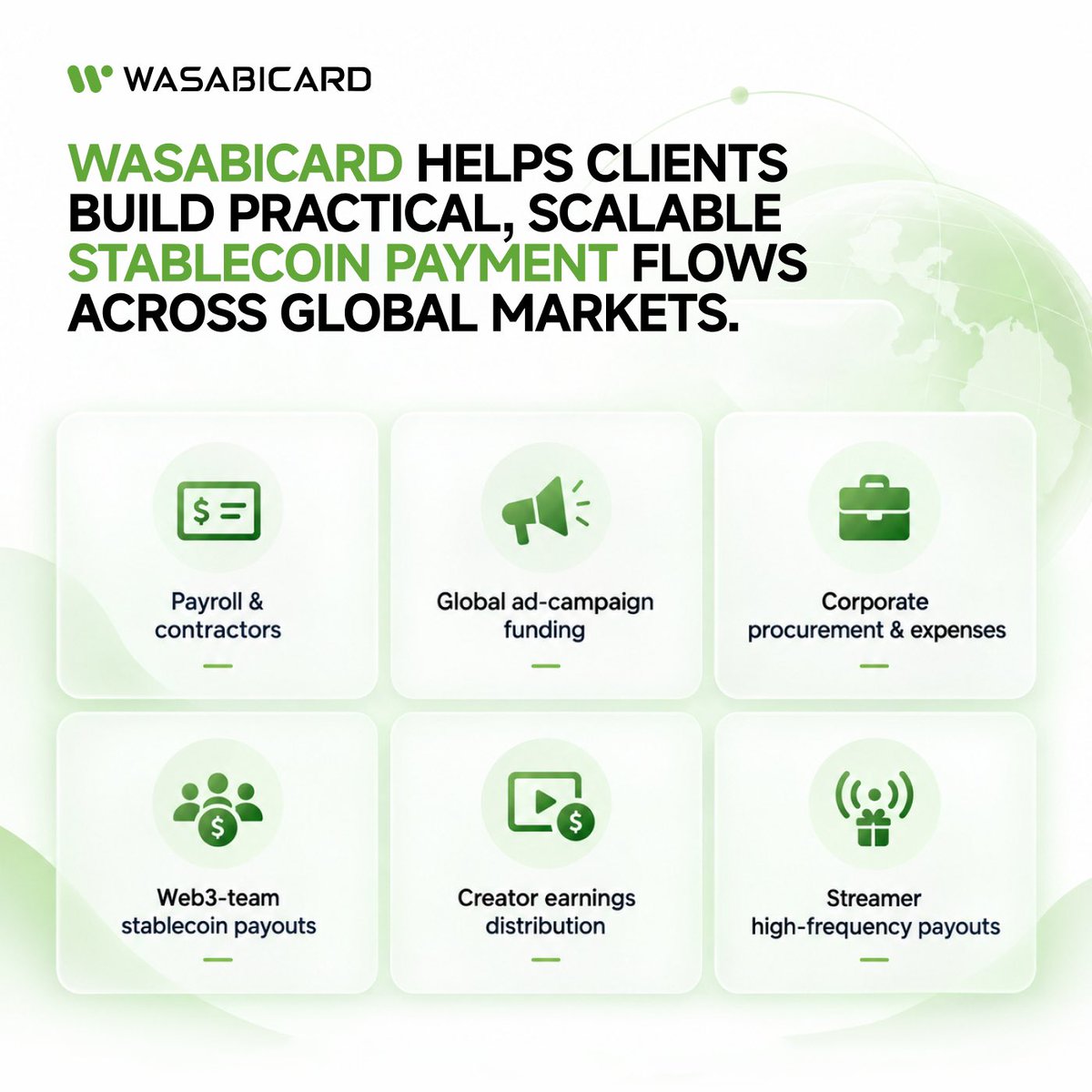 wasabicard's tweet photo. According to Visa, stablecoin settlement has reached an annualized run rate of more than $ 20 B. 

Those figures matter, but what should be cared about is how this growth is translating into real business use cases.

In practice, stablecoins are already being used for:
🟩Paying employees and contractors through staffing and HR companies
🟩Funding advertising campaigns across global platforms
🟩Managing corporate procurement and day-to-day expenses
🟩Paying distributed Web3 teams in stablecoins
🟩Distributing earnings to creators and giving them faster access to funds
🟩Processing high-frequency payouts for streamers through livestreaming platforms and creator networks

As more gaps in stablecoin payment infrastructure are addressed, these use cases will only become broader and more common.

WasabiCard is growing rapidly alongside this market, helping our clients build practical, scalable payment flows across global markets.
