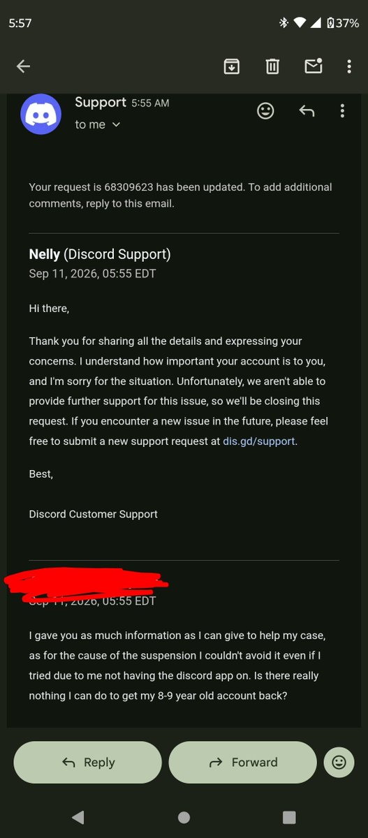 upsetmocha's tweet photo. Guess who got hacked and got permanently suspended for it?
I tried to ask @discord_support but they weren't helpful.. my 8-9 year old @discord account is gone... https://t.co/ynRMQmh9NJ