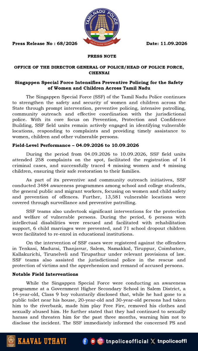 tnpoliceoffl's tweet photo. Singappen Special Force Intensifies Preventive Policing for the Safety of Women and Children Across Tamil Nadu:

Field-Level Performance – 04.09.2026 to 10.09.2026

🔹 258 complaints were attended to on the spot by SSF field units.
🔹 14 criminal cases were facilitated for registration.
🔹 4 missing women and 4 missing children were traced and safely restored to their families.
🔹 3,484 awareness programmes were conducted among students, the public and migrant workers.
🔹 13,581 vulnerable locations were covered through surveillance and preventive patrolling.
🔹 6 persons with intellectual disabilities were rescued and provided rehabilitation support. 6 child marriages were prevented.
🔹 71 school dropout children were facilitated to re-enrol in educational institutions.

For emergency assistance to women and girls, call the Singappen Helpline at 1091.

#SingappenSpecialForce #SSF #1091 #WomenSafety #ChildSafety #CrimePrevention #TNPolice  #TamilNaduPolice