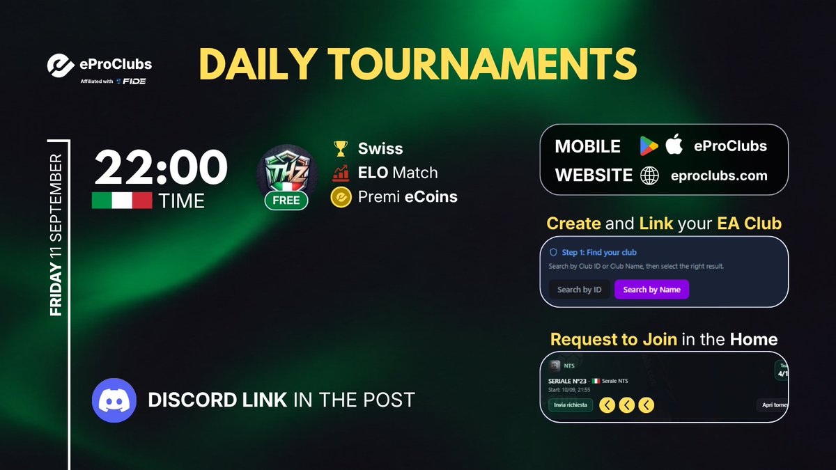 eProClubs_'s tweet photo. TORNEI GIORNALIERI 🏆

@THZTournament: Torneo Svizzero ore 22.00  

Website: https://t.co/CW2pwgQQ1f 
Link Discord: https://t.co/7uy2SU89B6

#eproclubs #FC26 #FC27 #Clubs https://t.co/3xhl7DWd7X