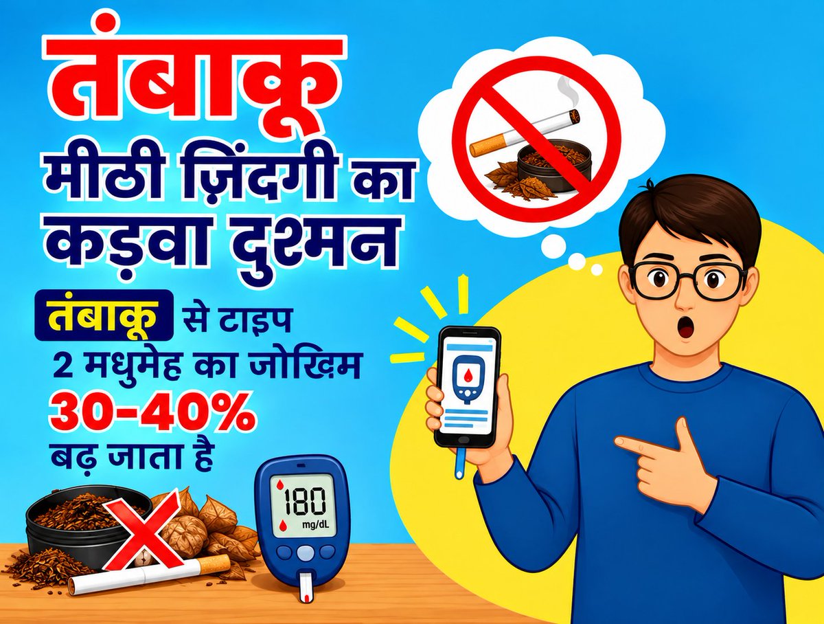 Kcsaini66's tweet photo. तंबाकू सेवन के कारण मधुमेह बीमारी भी होने की प्रबल संभावना है I आज ही तंबाकू सेवन से छुटकारा पाएं I इस हेतु तंबाकू मुक्ति उपचार एवँ परामर्श केंद्र पर पधारें या फिर टोल फ्री नंबर 1800 11 2356 पर संपर्क करें I विनम्र आग्रह के सी सैनी, पाली I https://t.co/sP79IvlP1m