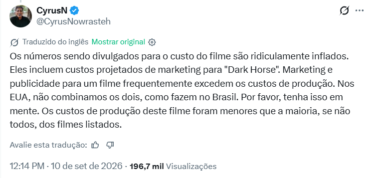 delucca's tweet photo. Esta aqui também é uma BOMBA que passou batido por todo mundo: o DIRETOR DO FILME DARK HORSE disse que os números divulgados sobre os gastos de produção são RIDICULAMENTE INFLADOS.

Os estadunidenses estão largando a mão de Flávio Bolsonaro - investigado por corrupção. https://t.co/aubcDlZFIM