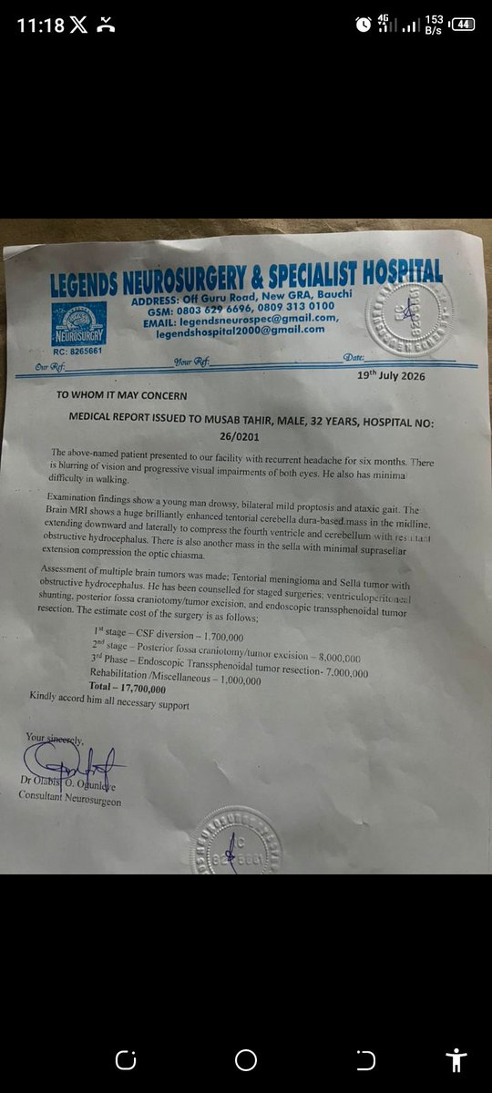 Mannguess01's tweet photo. @BashirAhmaad Good morning sir, please sir we really need your support for my brother's brain tumor surgery let's save him please, God will reward you for your kindness, no amount will be small for us sir. This the details proof of the process. Thank you and God bless you. https://t.co/vbkBFr6wX8