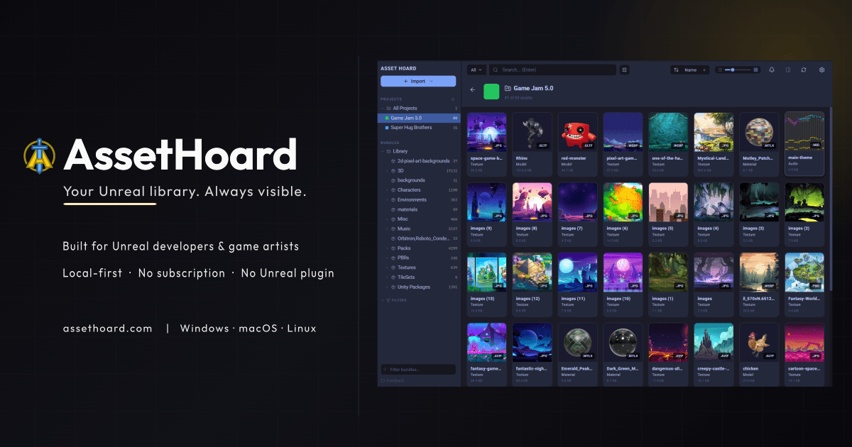 assethoardapp's tweet photo. AssetHoard v0.2.1 is out 🎮

Unreal support has landed. Point it at a project and your .uasset and .umap files preview right in your library. Meshes orbit, sprites animate, sound cues play. No editor required.  

https://t.co/j5VT0uwVa9  

#gamedev #indiedev #UnrealEngine #UE5 https://t.co/JFQ1O0lNX3