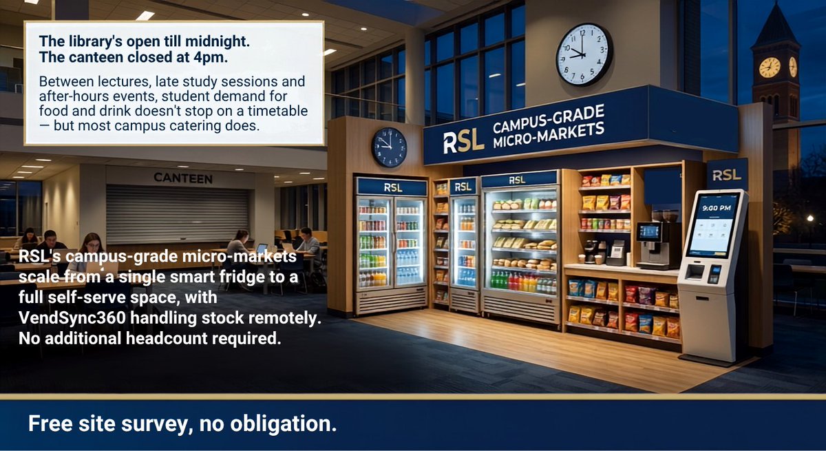 RefreshmentSys's tweet photo. Library's open till midnight. Canteen closed at 4pm.

A campus micro-market scales from one smart fridge to a full space — no extra headcount needed.

#Education #MicroMarket https://t.co/eez10dtGsu