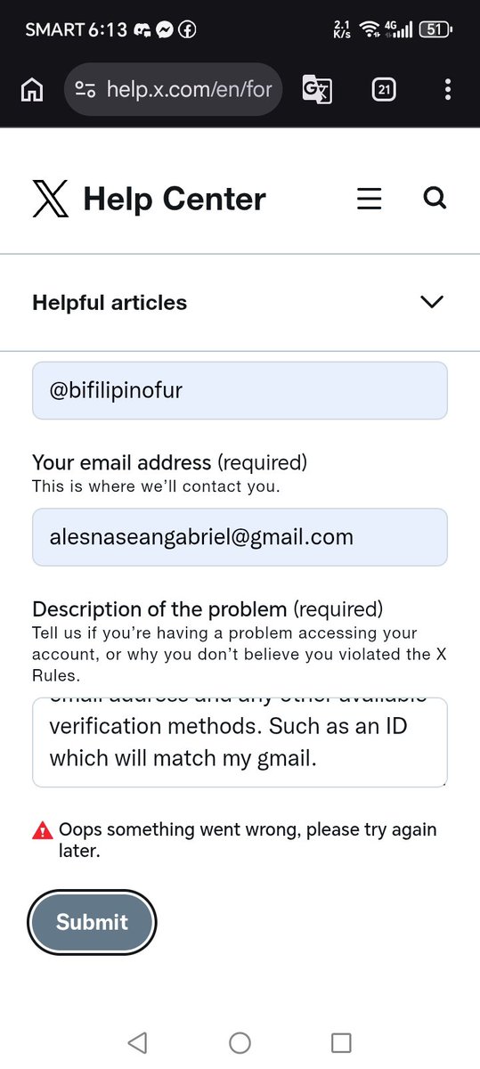 randomguy654123's tweet photo. @Support , My main account has been hacked, @bifilipinofur , and I lost access because the email has been changed and the hacker locked it with 2FA. Trying to use your form results in this. Please help, I will provide ever piece of evidence necessary. https://t.co/b0iTHZz1l1