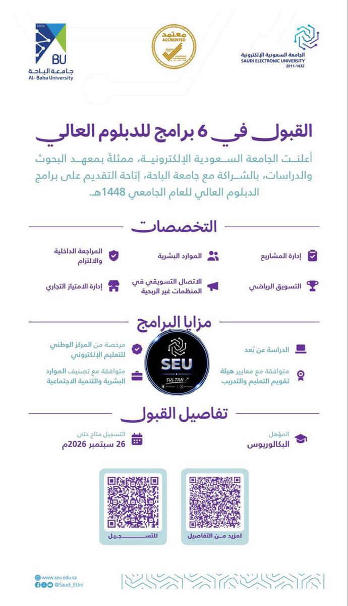 sultanPMAU's tweet photo. 📢 الجامعة السعودية الإلكترونية تعلن فتح القبول على برنامج الدبلوم العالي 

لمعرفة البرامج والتخصصات وشروط القبول وآخر المستجدات، انضموا لقروب الدبلوم 👇
https://t.co/UO1vJr7XJa

#الجامعة_السعودية_الإلكترونية #SEU
#دبلومات #دبلوم #جامعة_الباحة https://t.co/P2bEyQjPDR