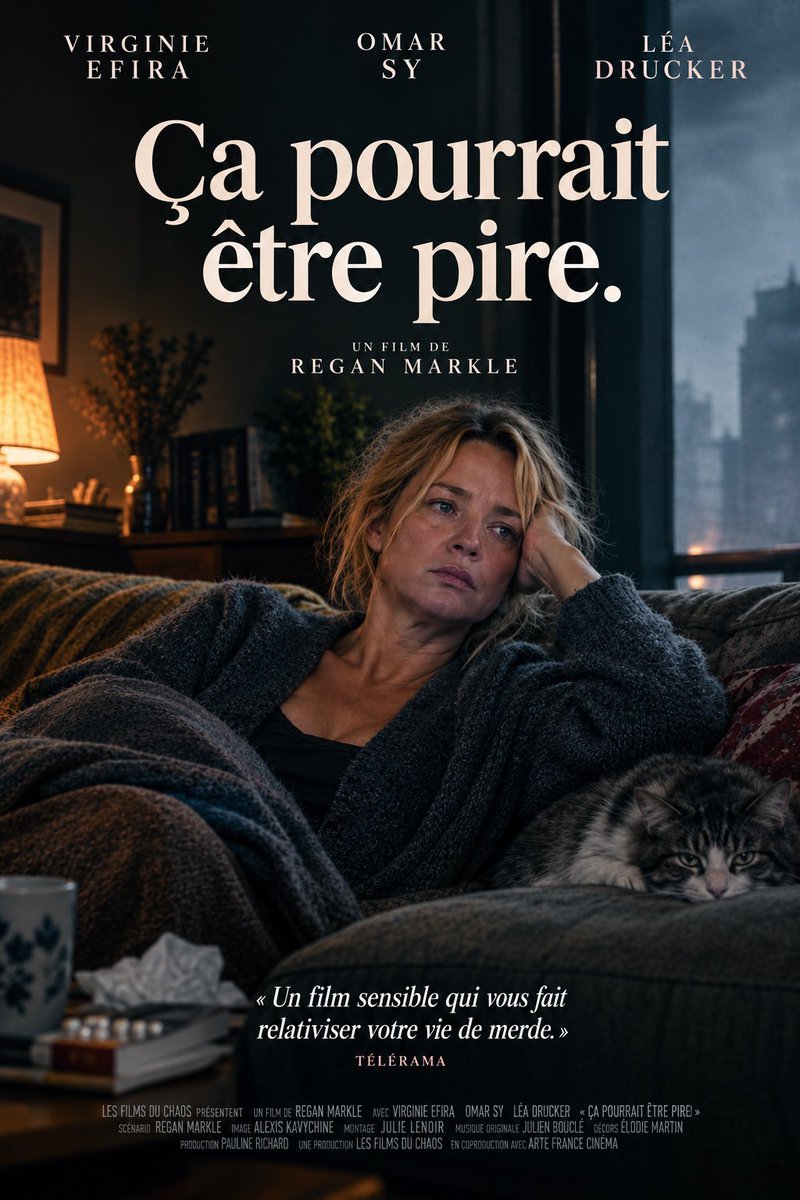 TheReganAngle's tweet photo. Ça pourrait être pire.

🎬Pitch : Sandrine (Virginie Efira), 53 ans, vit seule avec son chat depuis que son mari est parti. Elle se remet avec difficulté de sa dernière chimio et négocie sa rupture conventionnelle. 

Sandrine a bien compris qu’elle devait se remettre à vivre et elle est de plus en plus intéressée par Driss (Omar Sy), son livreur Uber sous OQTF, sur lequel elle projette ses pensées inavouables. 

Pendant un cambriolage violent chez Sandrine, Driss arrive à s’interposer et sauve la femme du pire. Confidences après confidences, le beau Driss se laisse charmer. Mais Sandrine attrape une IST et ne reverra jamais Driss, qui s’en va avec Nathalie (Léa Drucker), une professeure de musique qui lui trouve du talent pour le chant polyphonique corse.

À la fin, Sandrine meurt. Le chat aussi.

"Un film sensible qui vous fait relativiser votre vie de merde" ⭐⭐⭐Télérama

« Un film profondément humain sur le deuil, le désir et le chant polyphonique corse. »
⭐⭐Corse Matin