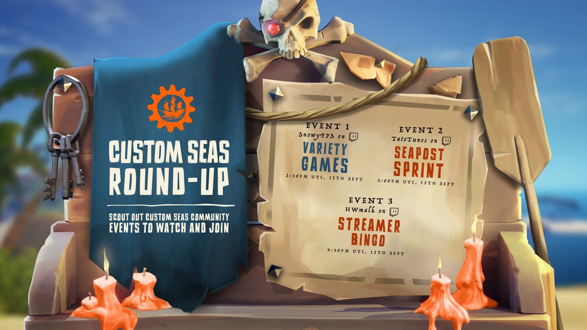 A message board titled 'Custom Seas Round-up', listing different community events that will be held this weekend broadcast on Twitch.