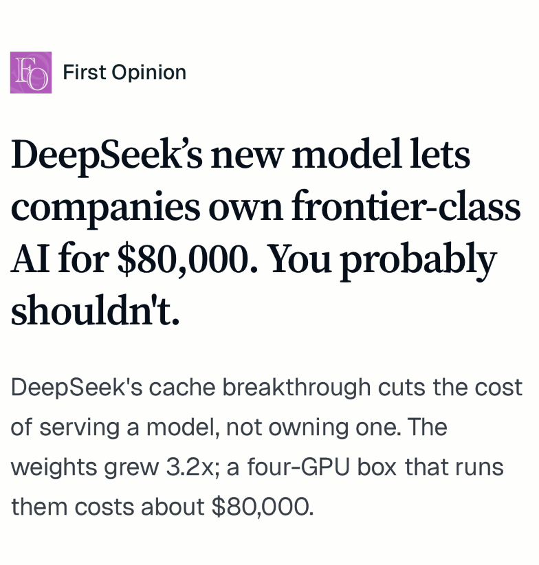varopsco's tweet photo. DeepSeek put frontier-class agentic coding weights under a plain MIT license this week, and the feeds spent two days quoting the same efficiency number back at each other. 

It turns out that the cache win belongs to whoever runs the inference fleet, and the thing a mid-market companies would own actually got three times heavier.