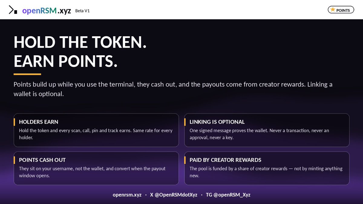 openRSMdotXyz's tweet photo. earn POINTS: A FREE TOOL THAT PAYS YOU FOR USING IT. JUST LINK YOUR WALLET (OPTIONAL) AND START EARNING. HOW SO? CREATOR FEES GENERATED ARE SHARED TO GIVE BACK TO THE COMMUNITY OF USERS. JUST HOLD 50K TOKENS EVERY 7 DAYS BUT THE TOOL IS OTHERWISE STILL FREE ANYWAY. https://t.co/u8p5T9pitf