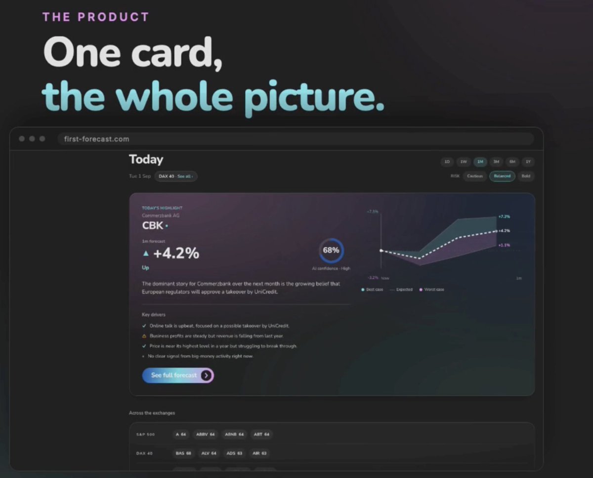 First_Forecast's tweet photo. Ten tabs open = One blurry picture.

First-Forecast reads sentiment, smart money, price and fundamentals — audited by Cynthia, our audit agent — into one plain answer. Sources one tap below.

Start free trial: https://t.co/7wg5NkXbVK https://t.co/agWuRYXLs1