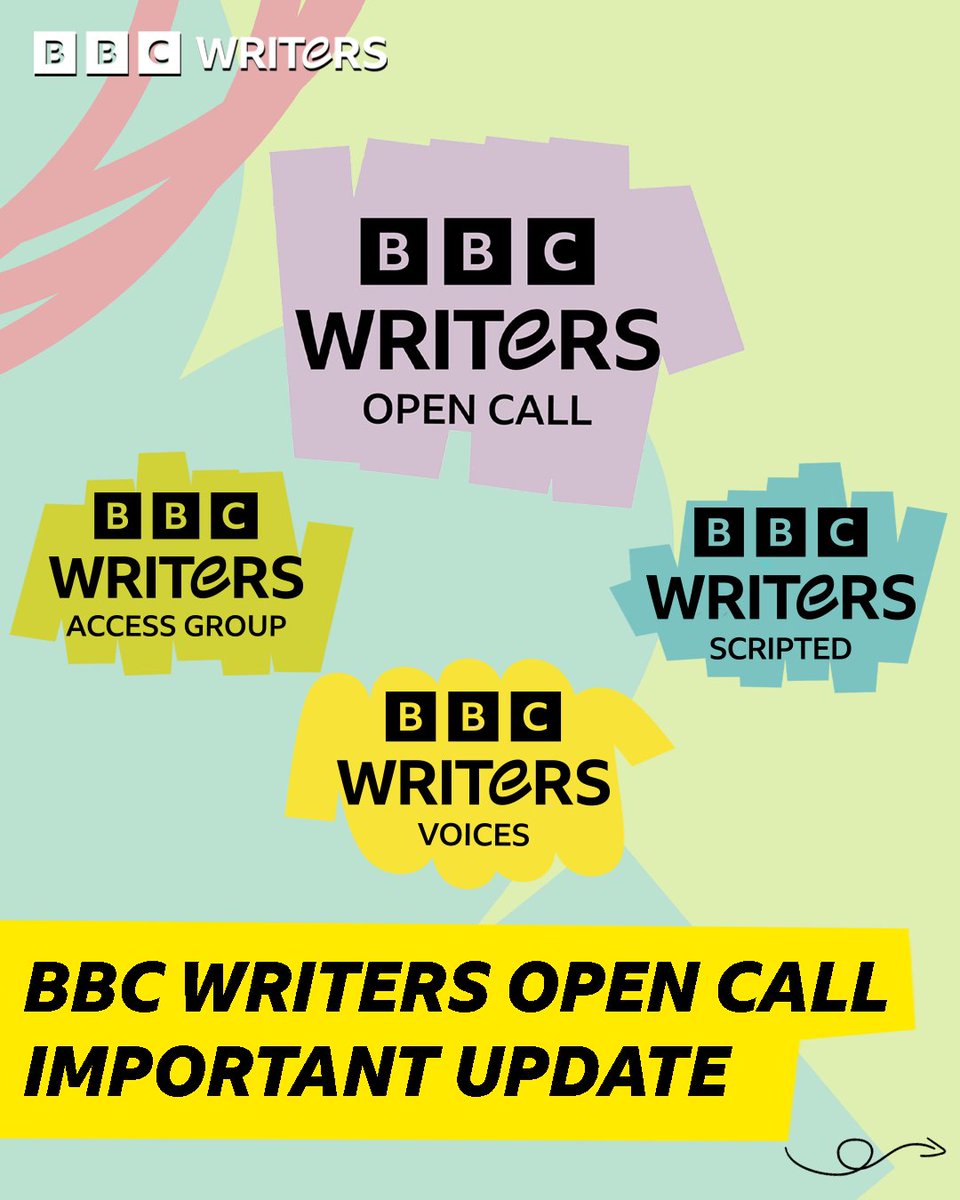 BBC Writers logos: Open Call, Writers' Access Group, Scripted, Voices