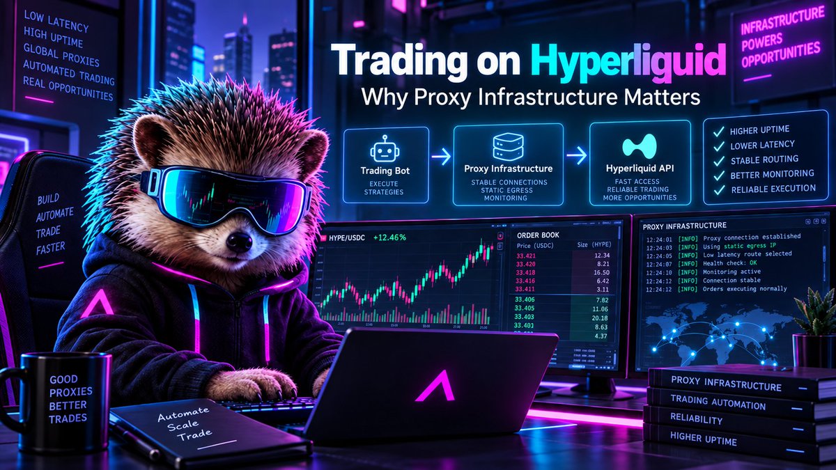 appcyberyozh's tweet photo. Trading on @HyperliquidX : Why Proxy Infrastructure Matters

Imagine your bot detects a bitcoin:native  setup, calculates the entry and sends an order. If the connection is unstable, market data is delayed or your WebSocket drops, even a profitable strategy can fail at execution.

This is where proxy infrastructure can help.

A dedicated static proxy or controlled egress IP gives your trading system a predictable network path:

Bot → Proxy → Hyperliquid API

For teams running bots across multiple cloud servers, containers or strategies, this can make infrastructure easier to manage.

However, proxies should not be treated as a shortcut for bypassing API limits or geographic restrictions. A strong trading architecture should respect platform rules, use WebSockets efficiently and reduce unnecessary REST requests.