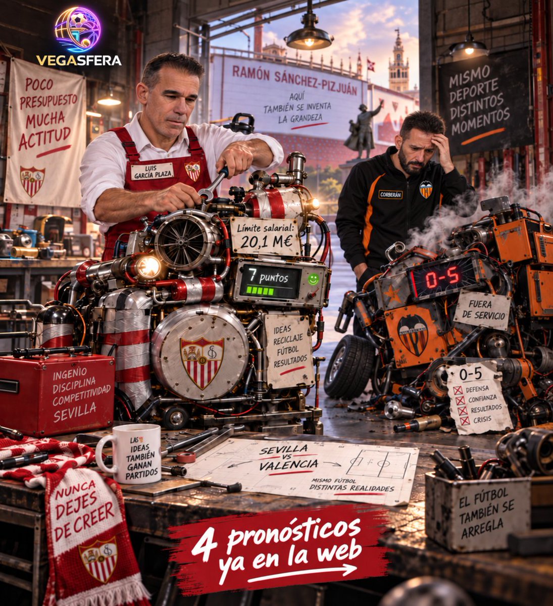Vegasfera's tweet photo. Luis García Plaza haciendo malabares para que el Sevilla compita con un límite salarial de Segunda. Con él al mando, solo han perdido en el Pizjuán con el Atleti y el Madrid.

Corberán sigue sin ganar, con malas sensaciones y un 0-5 en Mestalla todavía humeando.

#SevillaValencia https://t.co/y10sn74LFI
