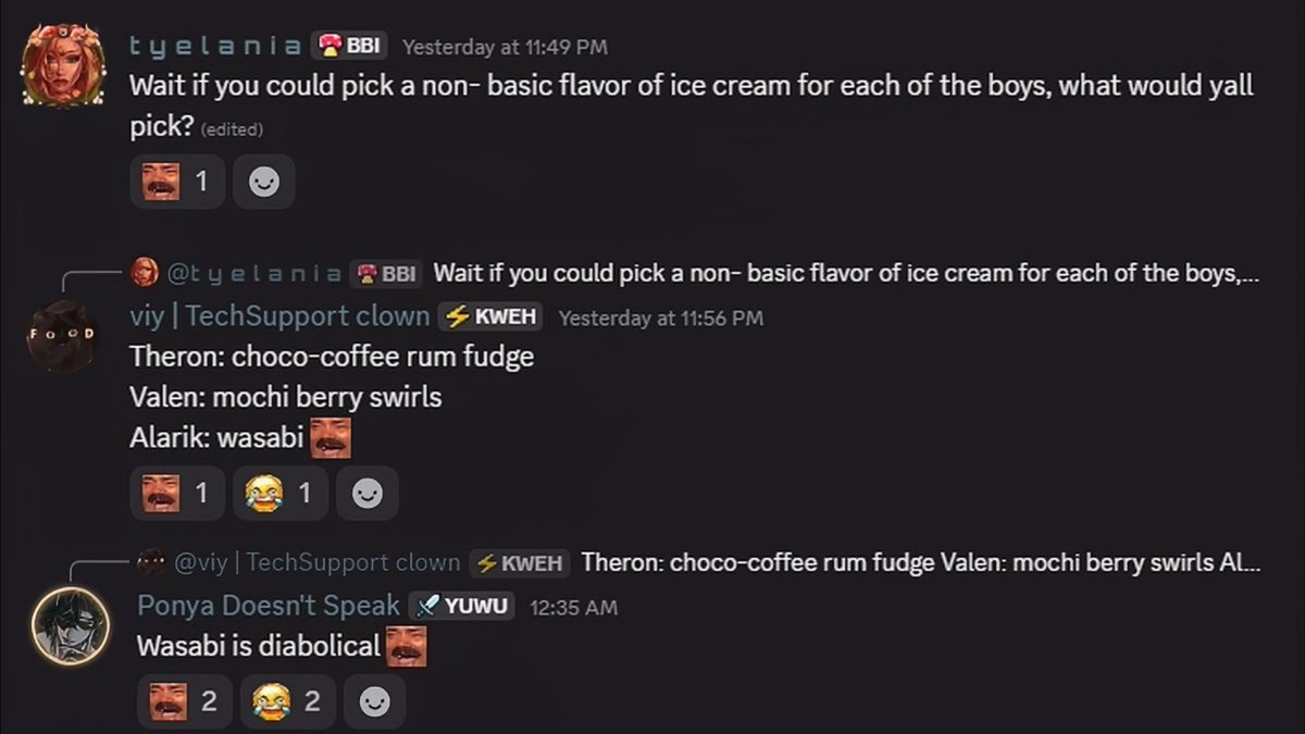 silentwallpaper's tweet photo. SW is getting an irl ice cream event soon! I’m actually dying at ideas ppl in DC came up with fr 😂

Theron: choco-coffee rum fudge
Valen: mochi berry swirls
Alarik: wasabi

Tbh if wasabi ice cream were actually a thing, I’d probably try it anyway lmao

#SilentWhispers #Theron #Alarik #Valen