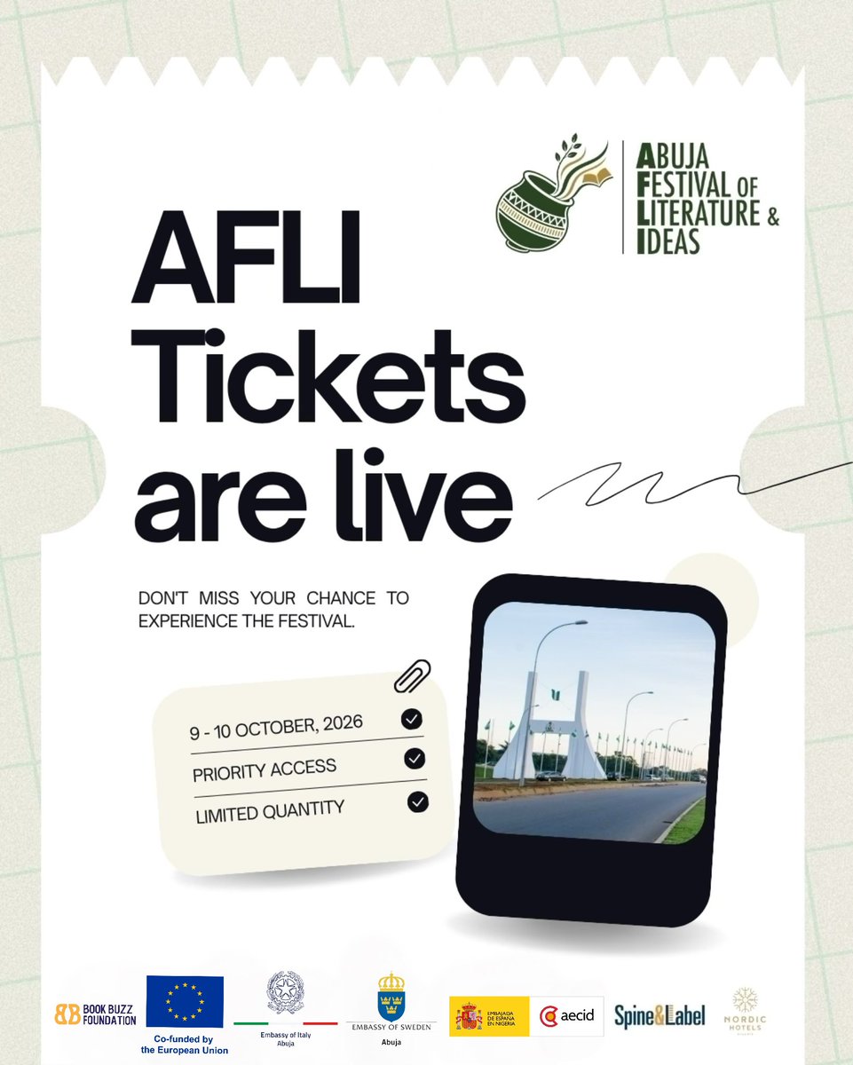bookbuzzNG's tweet photo. Tickets for the Abuja Festival of Literature and Ideas are now available 🥳

Remember that seats are limited! 

Get your tickets here - https://t.co/RLLu1O2v8z 🥁

#AFLI #AbujaFestivalofLiteratureandIdeas #BBF #LiteraryFestivalsinAbuja #AbujaFestivals https://t.co/rR1Q72RHbK