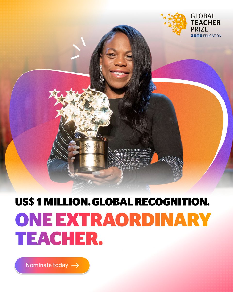 TeacherPrize's tweet photo. A new school year is a good moment to take stock. Think of a teacher whose students achieved something last year they're proud of. Or one who's built something other teachers now use.

This is their moment.

Nominate them for the 2027 Global Teacher Prize, with a chance to win US$1 million. Funds they could put straight into their own projects, expand what's already working, and reach even more students.

🔗 https://t.co/Ayym4lOZuq

@GEMS_ME  @VarkeyFdn #GlobalTeacherPrize #TeachersMatter