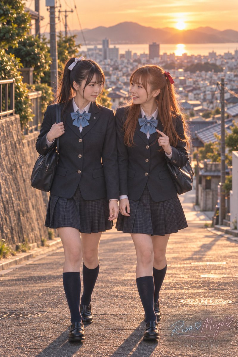 somliaceAI's tweet photo. 地元・福山の制服を着た理佐と美代。

第1弾は、市立福山高校の冬制服で。
放課後、夕暮れの坂道を二人で歩きながら、今日あったことを話して帰る――
そんな何気ない時間が、あとになって一番懐かしかったりする。
しばらく二人と一緒に、福山の青春を巡ってみようかな。
#AI画像 #AIart #理佐と美代 #福山