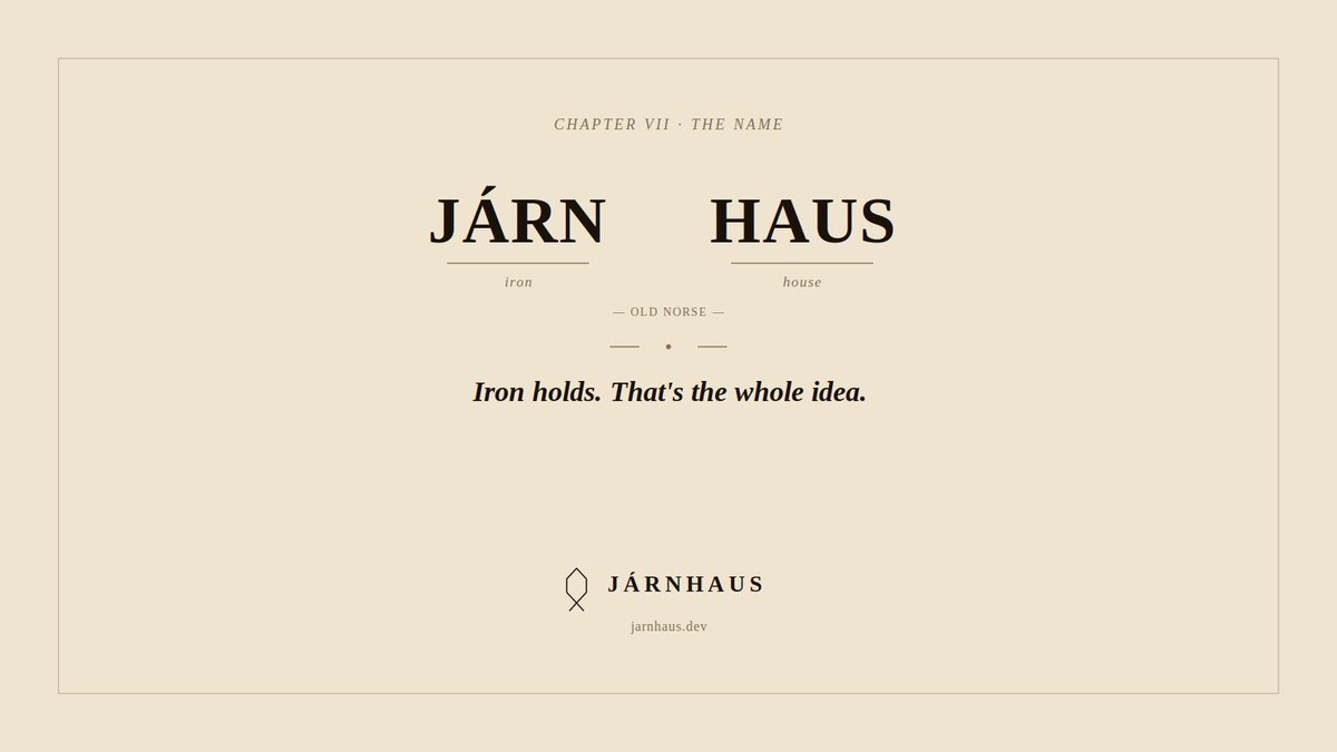 jarnhaus's tweet photo. 𝐖𝐡𝐲 "𝐉𝐚́𝐫𝐧𝐡𝐚𝐮𝐬"?

Old Norse: járn - iron. Not steel, not silicon. The first metal humans learned to forge into something that actually holds.

Iron holds. That's the whole idea. https://t.co/CspaN8o0Mr