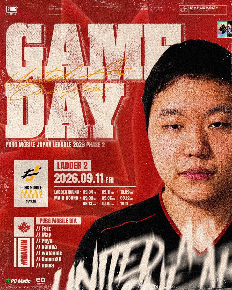 _MAPLE_ARMY's tweet photo. 🍁PMJL SEASON6 Phase2 - Ladder2
9/11(Fri) 21:00~
🍟@pubg_fe1z
🏢@May_PM888
📱@Puyo_lose
👑@sisMasterNeo
🎥Stream
https://t.co/Cab2kQFVxc
#MAWIN #PMJL #PUBGMOBILE https://t.co/3AU7DWHvFo