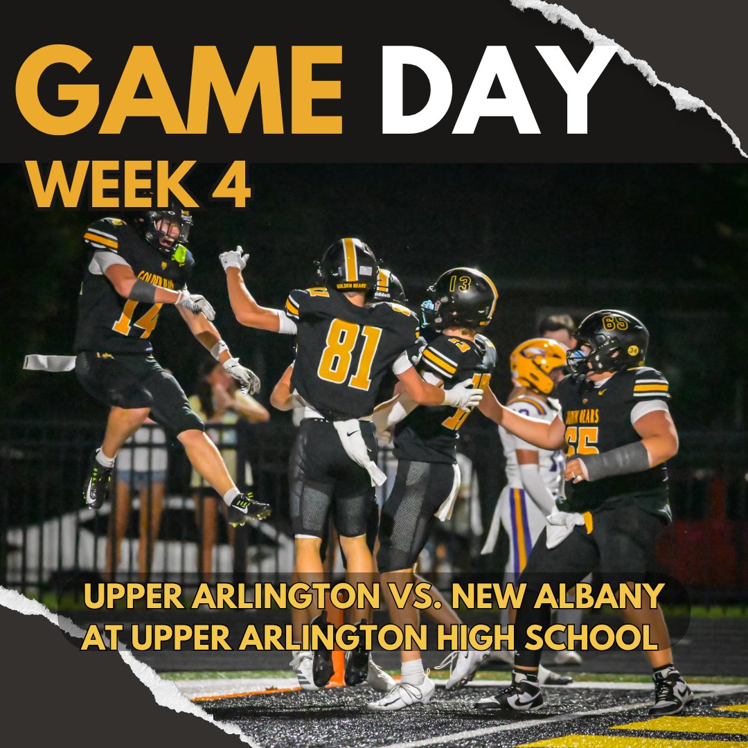 GoldenBears_FB's tweet photo. 🚨🚨 GAME DAY: WEEK 4 🚨🚨
📣Youth and Middle School Football Night
🆚 New Albany High School 
📍 Upper Arlington High School 
🏟️ Marv Moorehead Stadium 
⏰ 7:06 PM 
🎟 https://t.co/TutiQ7K8V0
📺  CW: Friday Night Rivals Game of the Week https://t.co/aNSCP2Tgz9