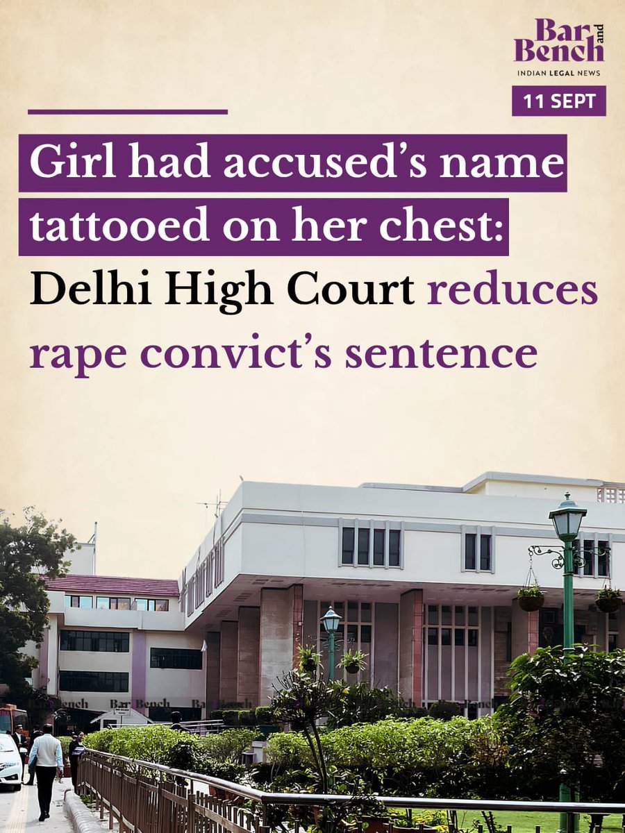 barandbench's tweet photo. Girl had accused’s name tattooed on her chest: Delhi High Court reduces rape convict’s sentence
Read here: https://t.co/6xu7vgcDkl https://t.co/yubB70QCTz
