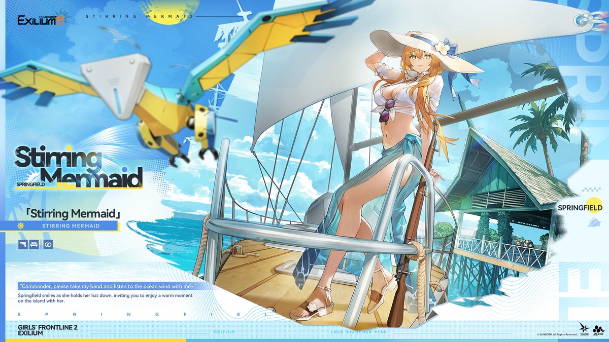 GFL2EXILIUM_EN's tweet photo. Springfield's Outfit | Stirring Mermaid

"Commander, please take my hand and listen to the ocean wind with me~"

Commander, Springfield's outfit [Stirring Mermaid] with swappable accessories will be available in Outfit Procurement on Sep 17.

*The outfit comes with orange-quality swappable accessories. Please check in-game for more details after release.

>> Download on mobile and PC: https://t.co/3G02IJclog
#GirlsFrontline2Exilium #gfl2exilium