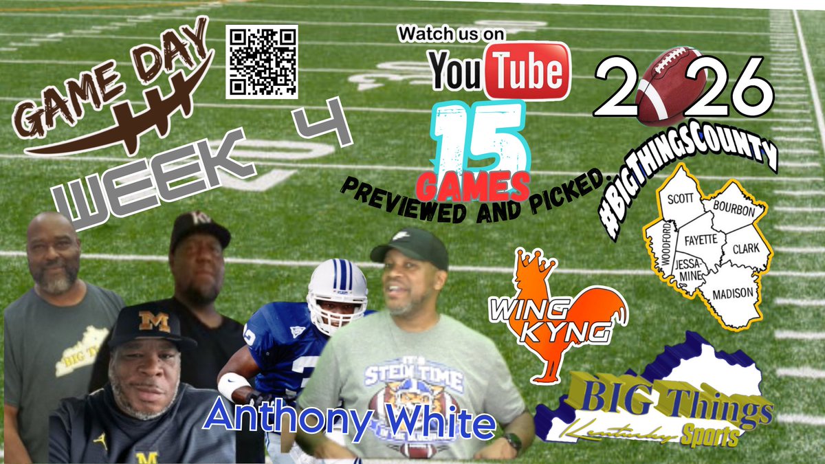 kybigthings's tweet photo. #Gameday #FridayNightLights Get ready for this weeks games(15) in #BigThingsCounty with our picks and previews with guest picker former UK standout Anthony White exclusively on Big Things Kentucky YouTube #BigThings cc
https://t.co/8nfGSodssm https://t.co/Af9tY6OYyd