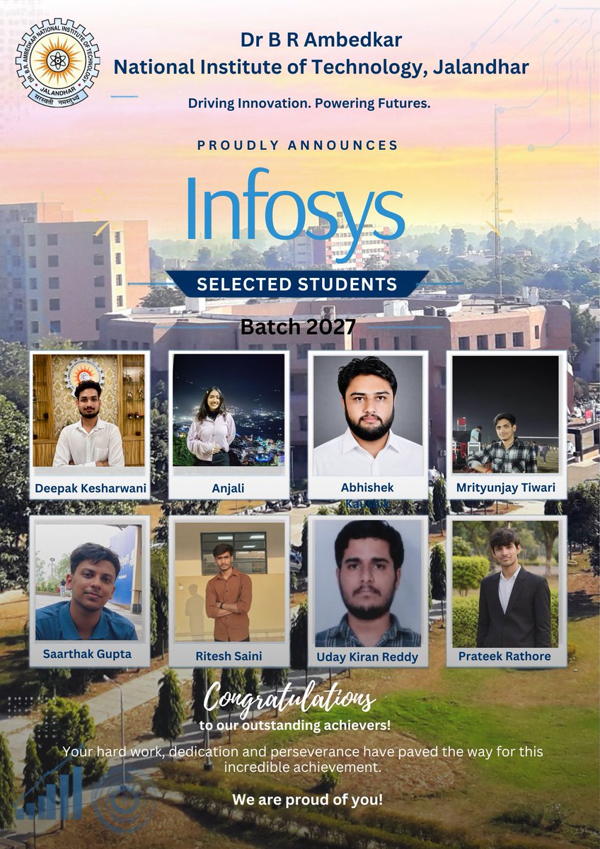 NITJofficial's tweet photo. Another achievement for NIT Jalandhar, as 08 students have been selected by Infosys through the campus recruitment process.

Their hard work, preparation, and consistent efforts have led to this achievement and opened the door to an exciting new chapter in their careers. https://t.co/EKuWWevPA8