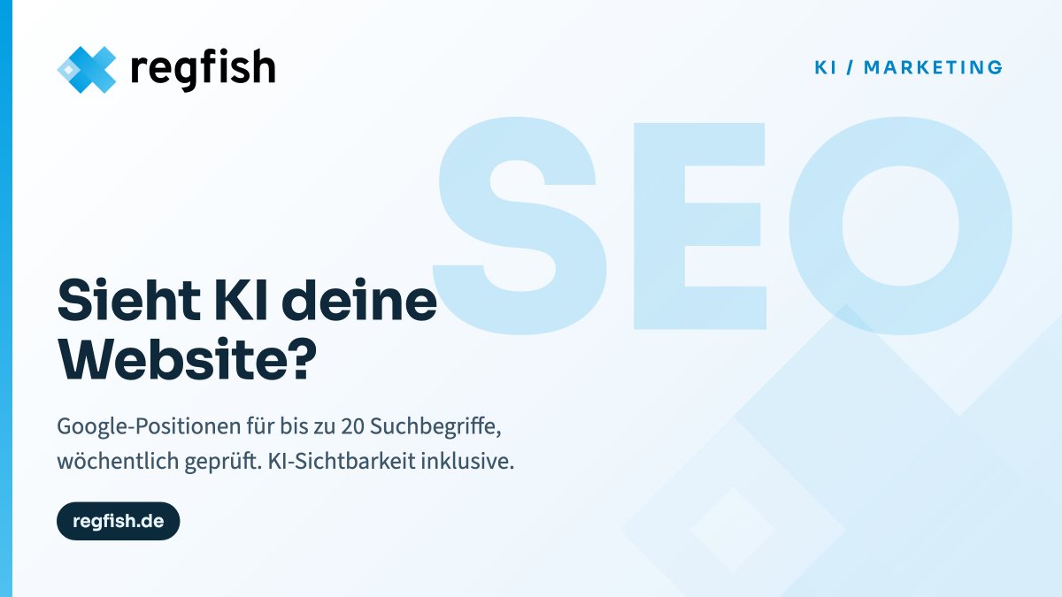 regfish's tweet photo. Wie sichtbar ist deine Website, auch für KI? Die Sichtbarkeits-Suite verfolgt wöchentlich deine Google-Positionen für bis zu 20 Suchbegriffe und prüft, ob KI-Systeme deine Seite überhaupt wahrnehmen. Sichtbarkeit ist messbar.

https://t.co/F7nHVByaWr https://t.co/smcp4zxbpy